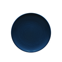 Blue ceramic plate with concentric circle pattern on a gray background
