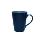 Blue ceramic mug with a textured surface on a light gray background