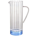 Clear glass pitcher with blue base on a white background