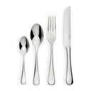 Set of silver cutlery including a knife, fork, and two spoons on a white background.